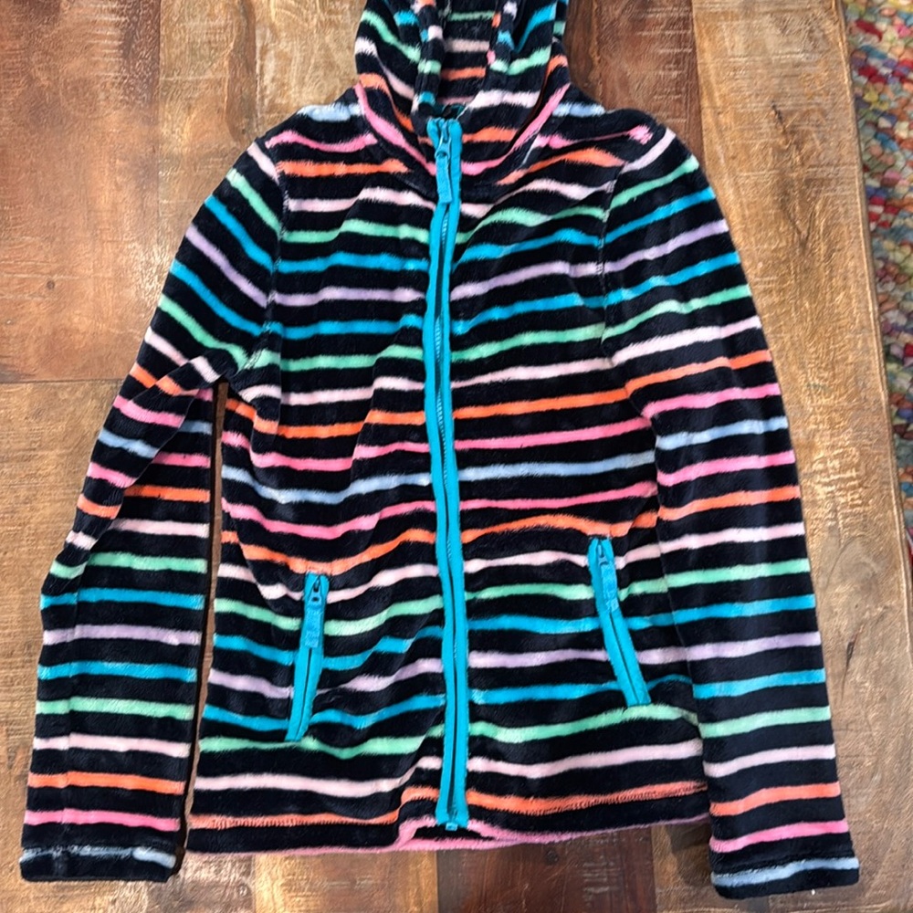 Lands’ End Girls Fleece in Navy with Rainbow Stripe